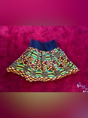 Handmade Ghanaian Geometric Ankara Print Flare Skirt Size XL, Elastic Band Waist
